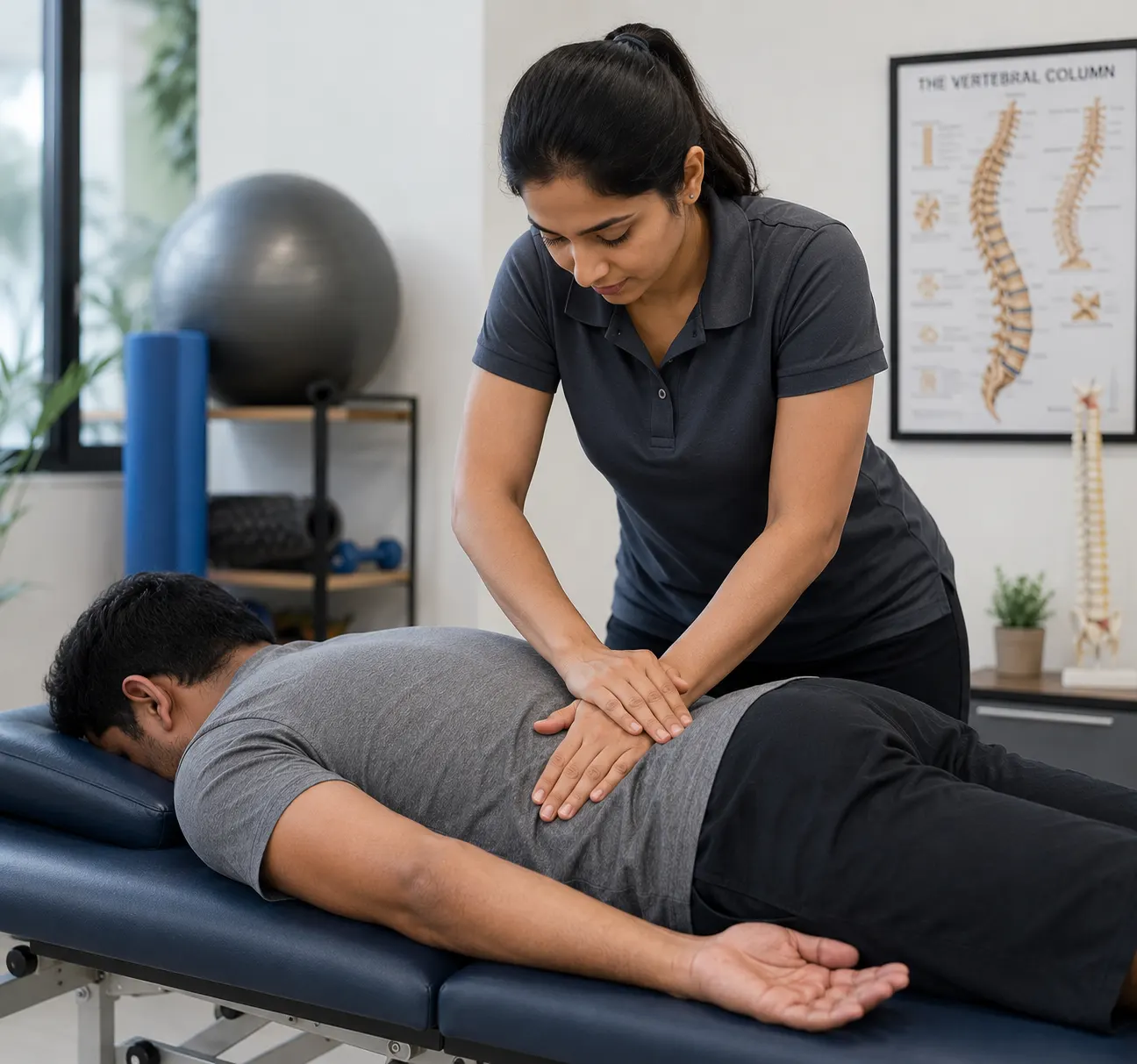 Physiotherapist guiding posture correction and back rehabilitation at Sport-Fit Physio Care, Chennai