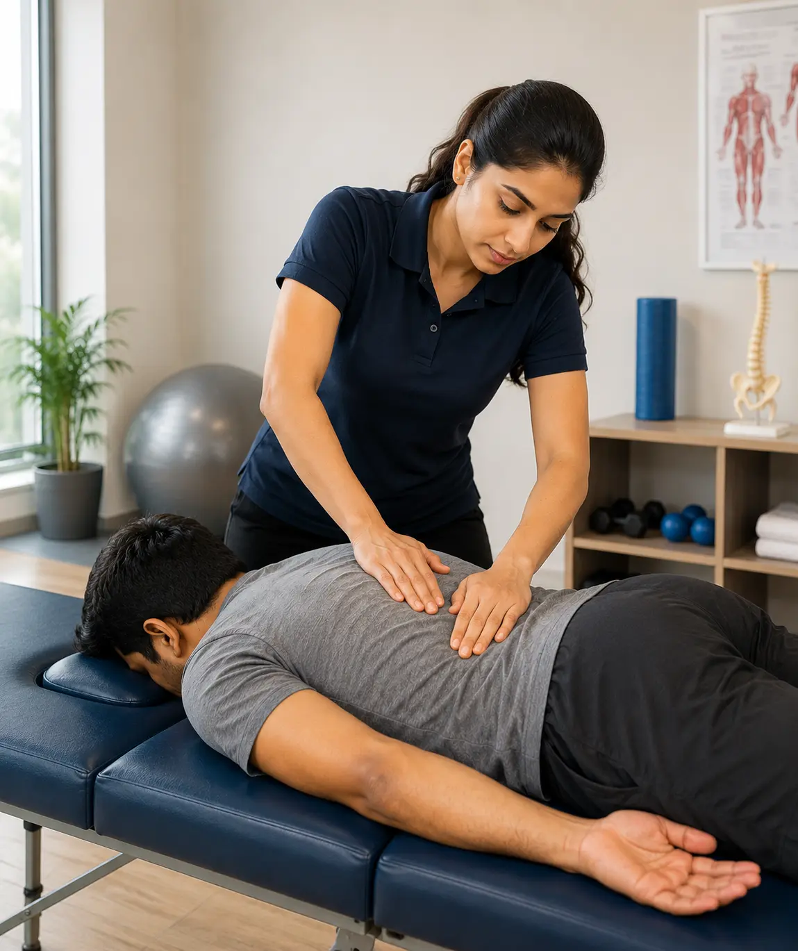 Physiotherapist assessing and treating a patient's back pain at Sport-Fit Physio Care, Chennai