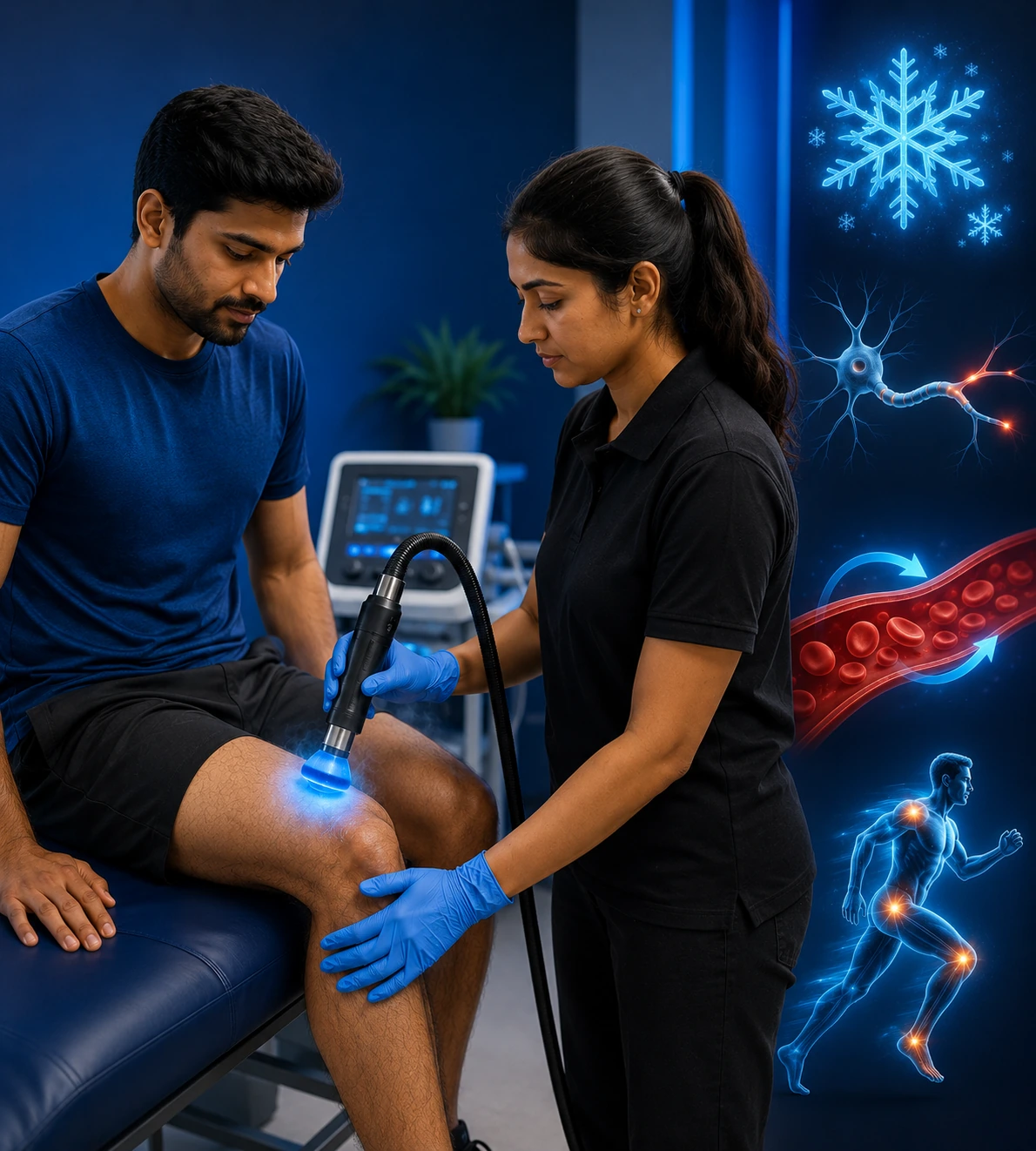 Physiotherapist applying targeted muscle cryotherapy to a patient at Sport-Fit Physio Care, Chennai