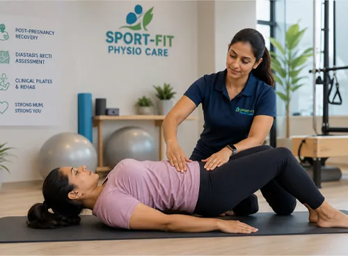Post-pregnancy rehabilitation and clinical Pilates session at Sport-Fit Physio Care