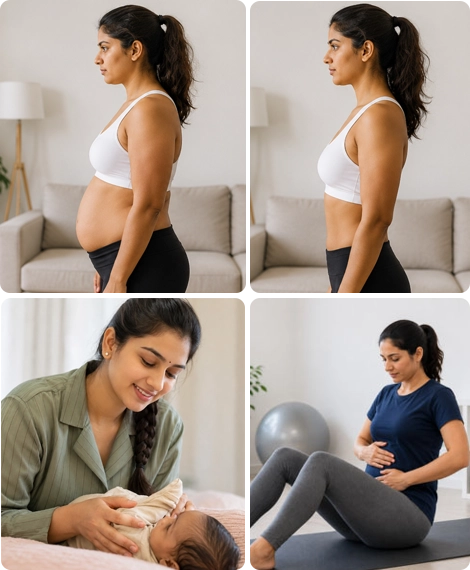 Postpartum body transition before and after physiotherapy recovery roadmap